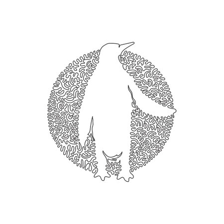 Single one curly line drawing of cute penguin. Continuous line drawing graphic design vector illustration of a beautiful penguin for icon, symbol, company logoのイラスト素材