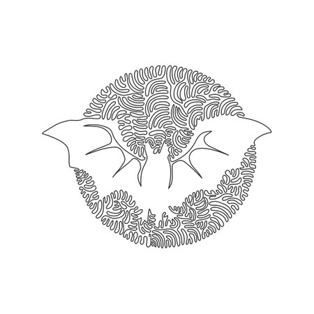 Continuous one curve line drawing of scary bats. Abstract art in circle. Single line editable stroke vector illustration of bats have wide wings for logo, wall decor and poster print decorationのイラスト素材