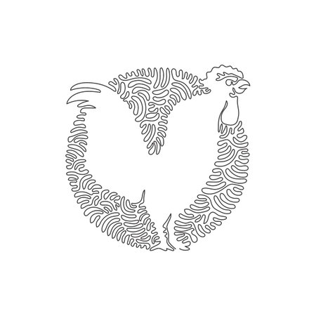 Continuous curve one line drawing. Cute standing rooster. Abstract art in circle. Single line editable stroke vector illustration of friendly pet rooster for logo, wall decor, boho poster printのイラスト素材