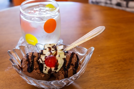 chocolate ice cream with red jelly taste deliciousの写真素材