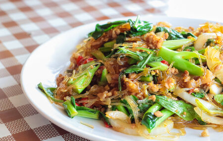 vermicelli fried with pork and vegetableの写真素材