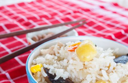 Vegetarian casserole rice on dining table. This is food for vegetarian festival. No meat and fishの写真素材