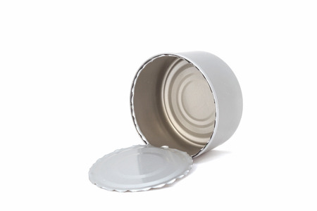 Open metal can for food on white background