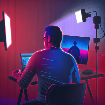 Two dogs in virtual reality glasses sit on floor in living roomの写真素材