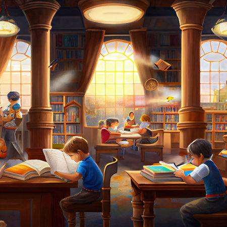 Children in the library reading books at tables, view from the backの写真素材