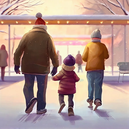 Grandparents teach their grandson to skate in winter, Christmas Eve, a view from the backの写真素材