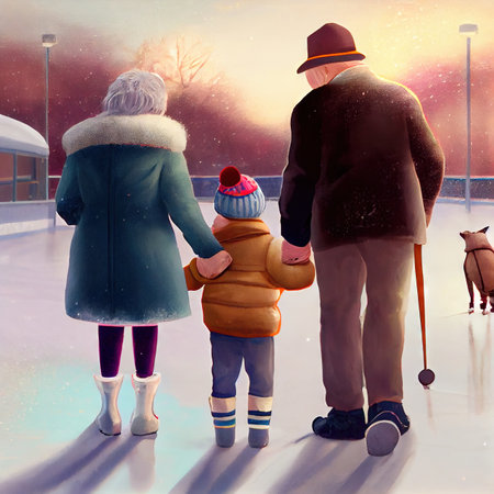 Grandma and grandpa teach the kid to skate, a view from the back