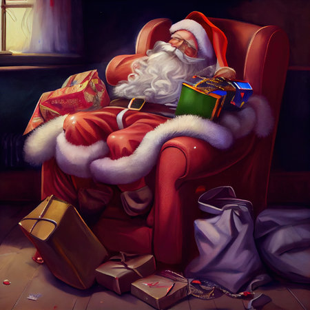 Santa fell sleep in a chair with a bag of gifts on Christmas nightの写真素材