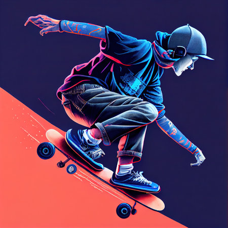 Action illustration of a guy jumping on a skateboard, motion effectの写真素材