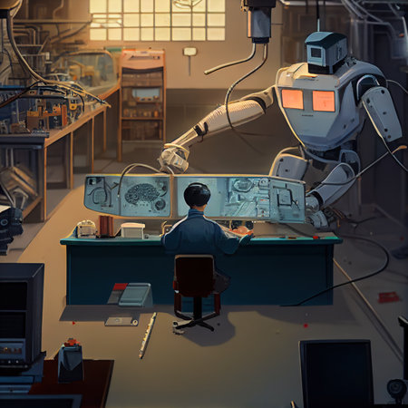 Asian man developing software production for robotics facilityの写真素材