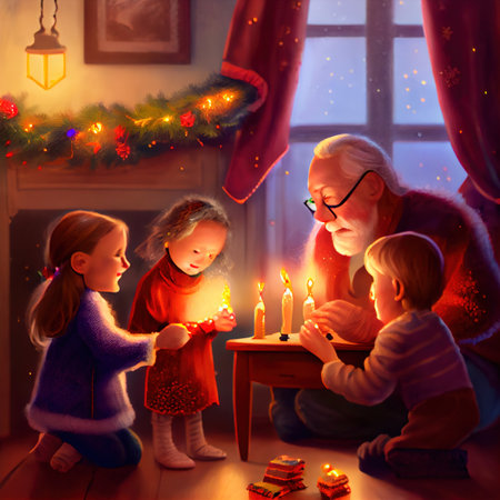 Children with grandparents decorate the Christmasの写真素材