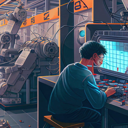 Asian man developing software production for robotics facilityの写真素材