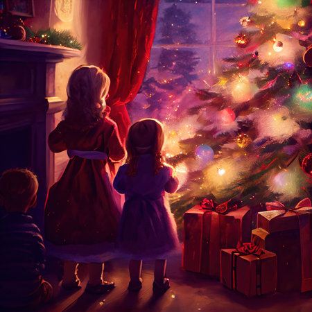 Kids together with Santa Claus are watching the Christmas tree in the apartment on Christmas nightの写真素材