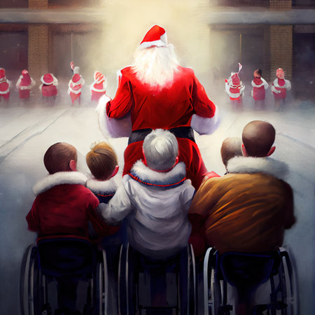 Santa Claus congratulates children in wheelchairs, view from the backの写真素材