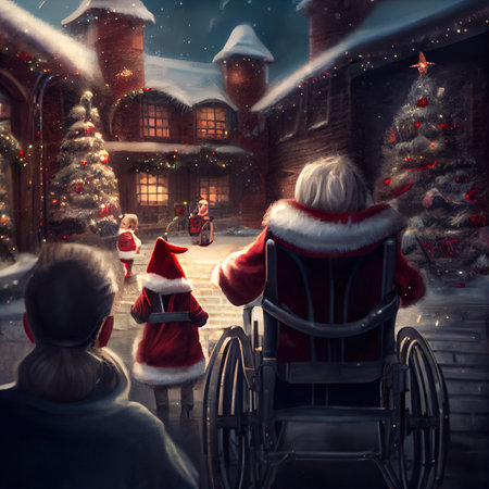 Santa Claus congratulates children in wheelchairs, view from the backの写真素材