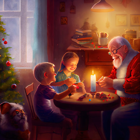 Children with grandparents decorate the Christmasの写真素材