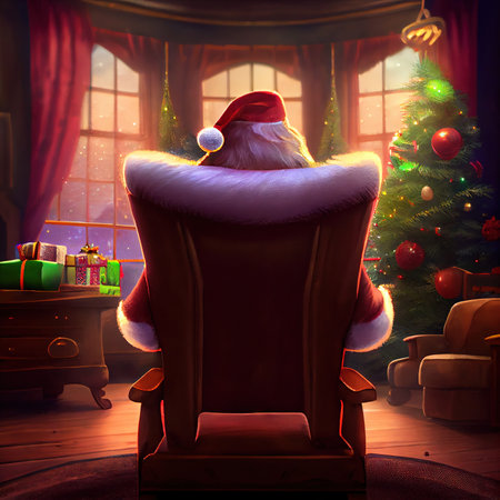 Santa sits in his chair with his back to viewer and looks at Christmas tree.の写真素材