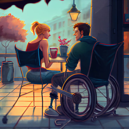 A girl in a wheelchair drinks coffee in a cafe on a date with a guy, view from behindの写真素材