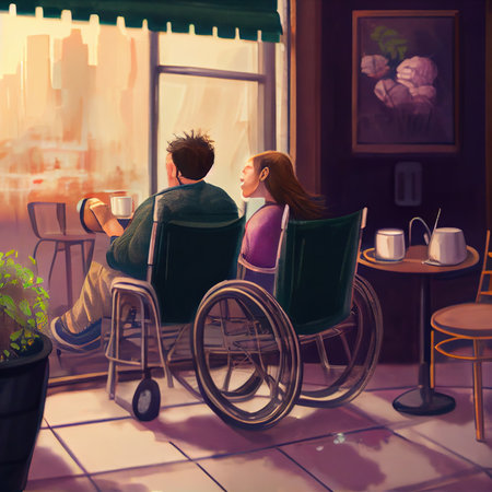 A girl in a wheelchair drinks coffee in a cafe on a date with a guy, view from behindの写真素材