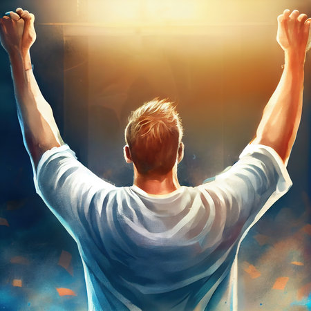 A man rejoices in victory with his hands up, rear viewの写真素材