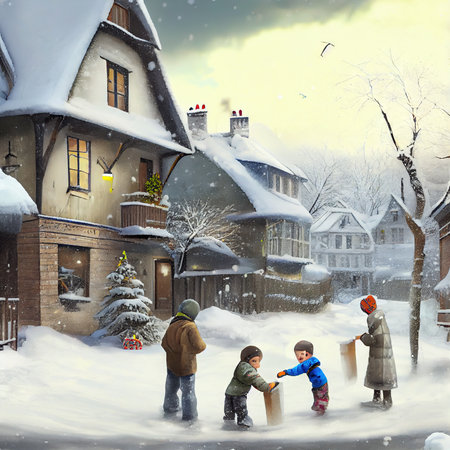 Children on the street near the house playing snowballs, side and back viewsの写真素材