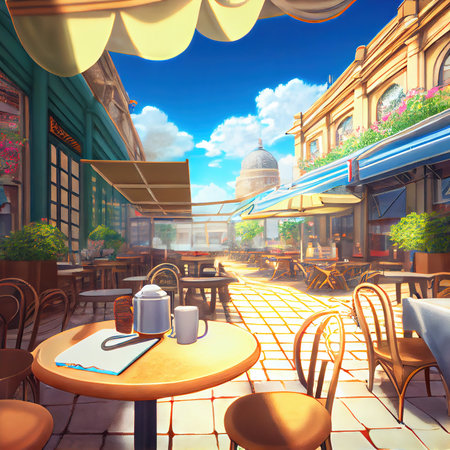 Summer terrace cafe on sunny day without peopleの写真素材