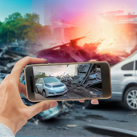 People are filming a car accident on smartphonesの写真素材