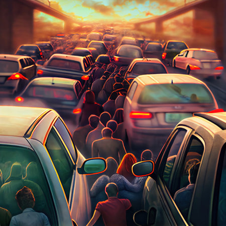 People are swearing out of the car window in a big traffic jamの写真素材