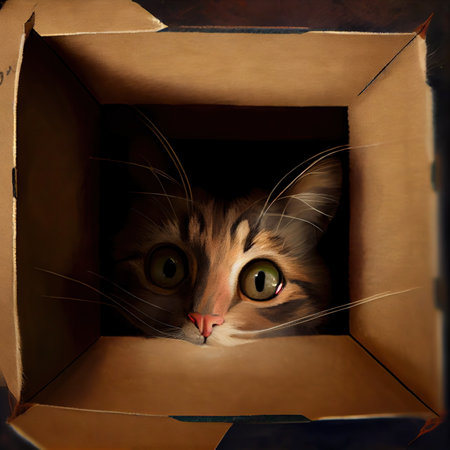 A cat looks into an empty cardboard box, a view from the box of a cat