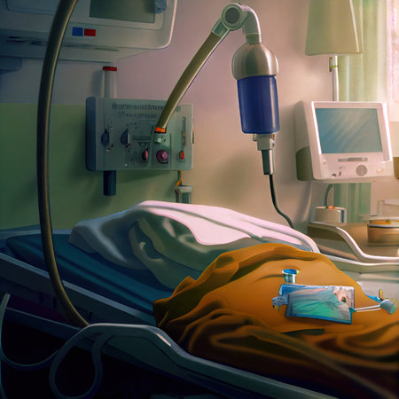 A dropper connected to a patient in a hospital roomの写真素材