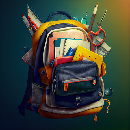 A school backpack with school supplies sticking out of itの写真素材