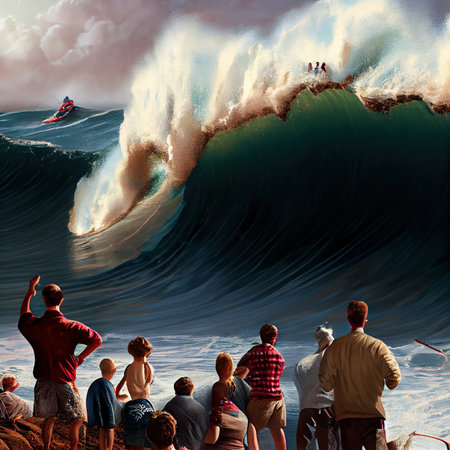 People from the shore watch surfers ride big waves, rear view