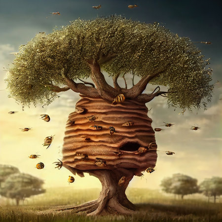 A beehive on a tree with bees circling around itの写真素材