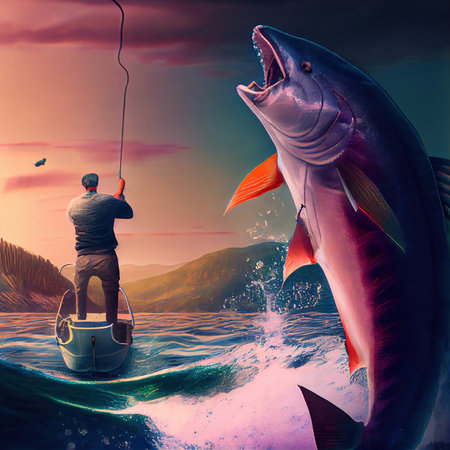 A fisherman caught a salmon jumping out of the water on a fishing rod, a rear view of the fishermanの写真素材