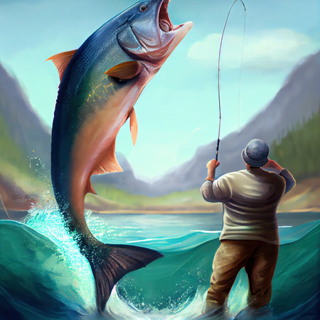 A fisherman caught a salmon jumping out of the water on a fishing rod, a rear view of the fisherman