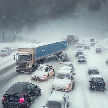 A big car accident on the highway in a snowstorm