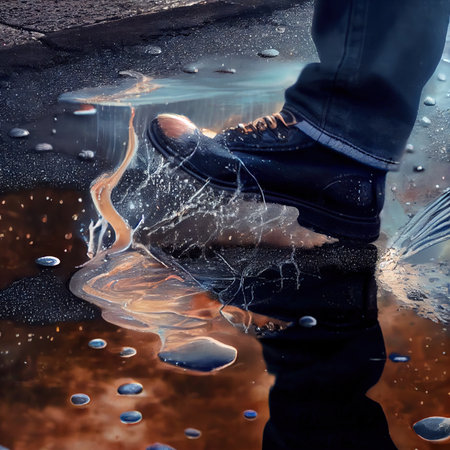 A person stepping into a puddle from which spray is flying, close-up on the leg