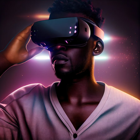 Dark-skinned guy plays with virtual reality glasses, cinematic lighting