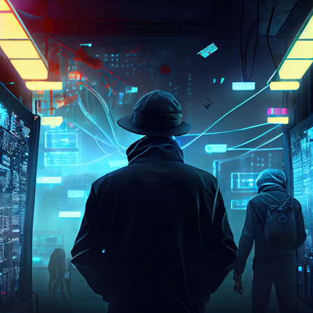 Hackers break into websites, rear view, cinematic light
