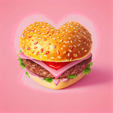 Heart-shaped burger on pink backgroundの写真素材