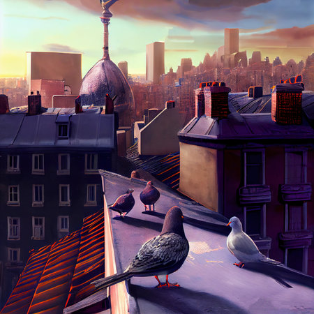Pigeons sit on the roof of the house and look at the metropolisの写真素材