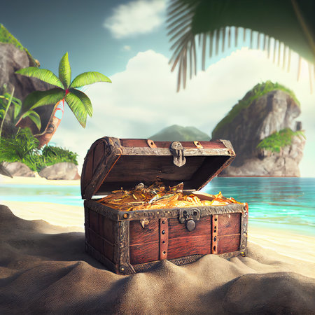 Pirate buried treasure chest on tropical islandの写真素材