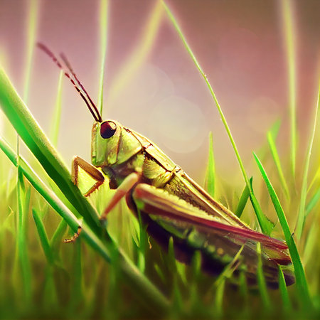 Grasshopper sitting on the grass, macro shooting