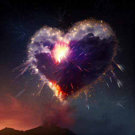 Heart-shaped fireworks in the night skyの写真素材