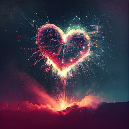 Heart-shaped fireworks in the night skyの写真素材