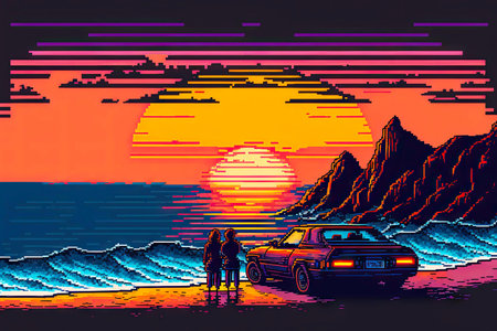 Travelling couple resting on car hood, 8 bit style, clear style