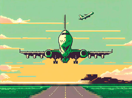 A passenger plane is taking off and taking off from the runway, 8 bit style, clear styleの写真素材