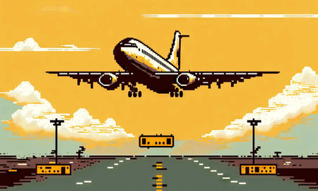 Passenger plane fly up over take-off runway from airport, 8 bit style, clear styleの写真素材