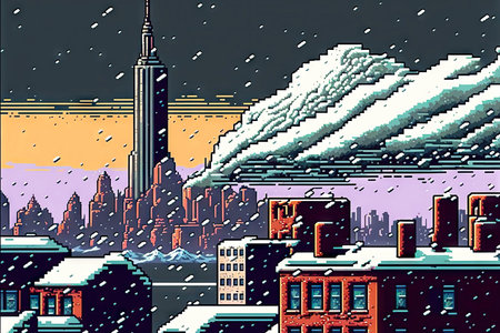 Winter street view during snowfall blizzard cyclone , 8 bit style, clear style. Natural disaster