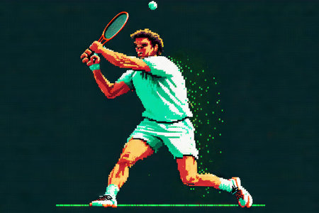A tennis player hits a ball that flies straight into the frame, the effect of movement, 8 bit style, clear styleの写真素材
